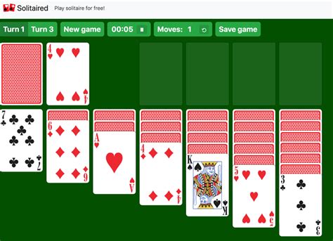 After shuffling, a tableau is set up with seven columns of cards. . Green felt 3 turn klondike solitaire